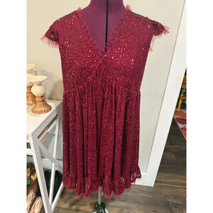 Women's Sequin Tulle-Trim Mini Dress in Wine